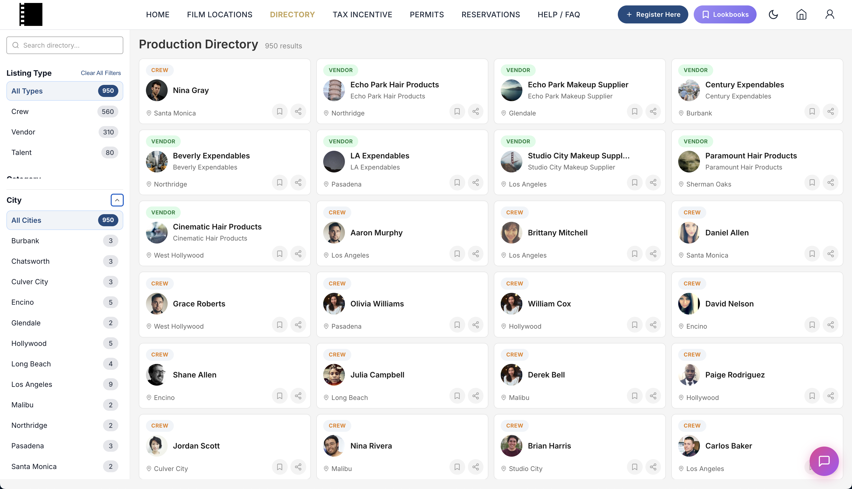 Production directory — searchable crew and vendor database