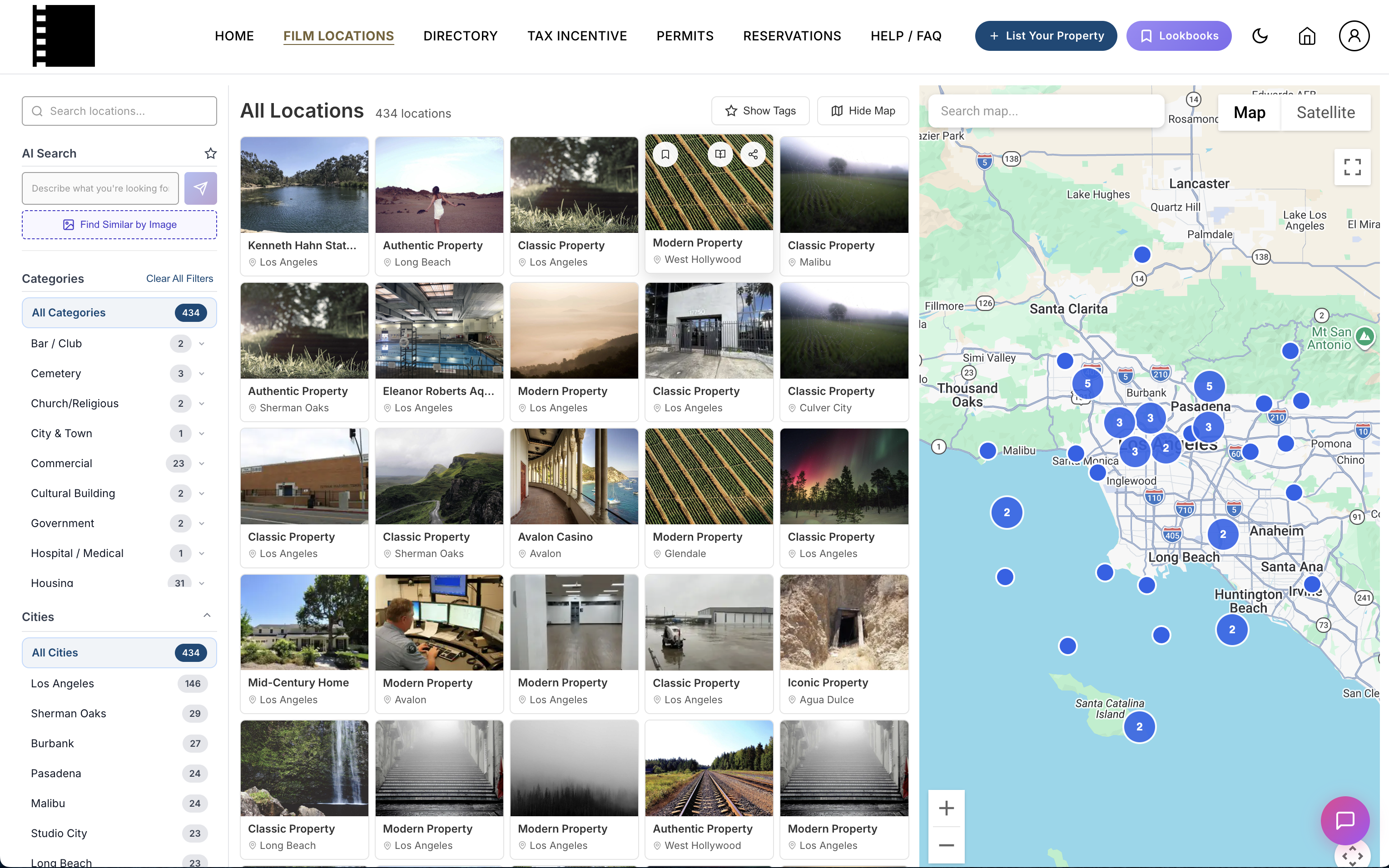 All Locations browse view — 434 properties with live map